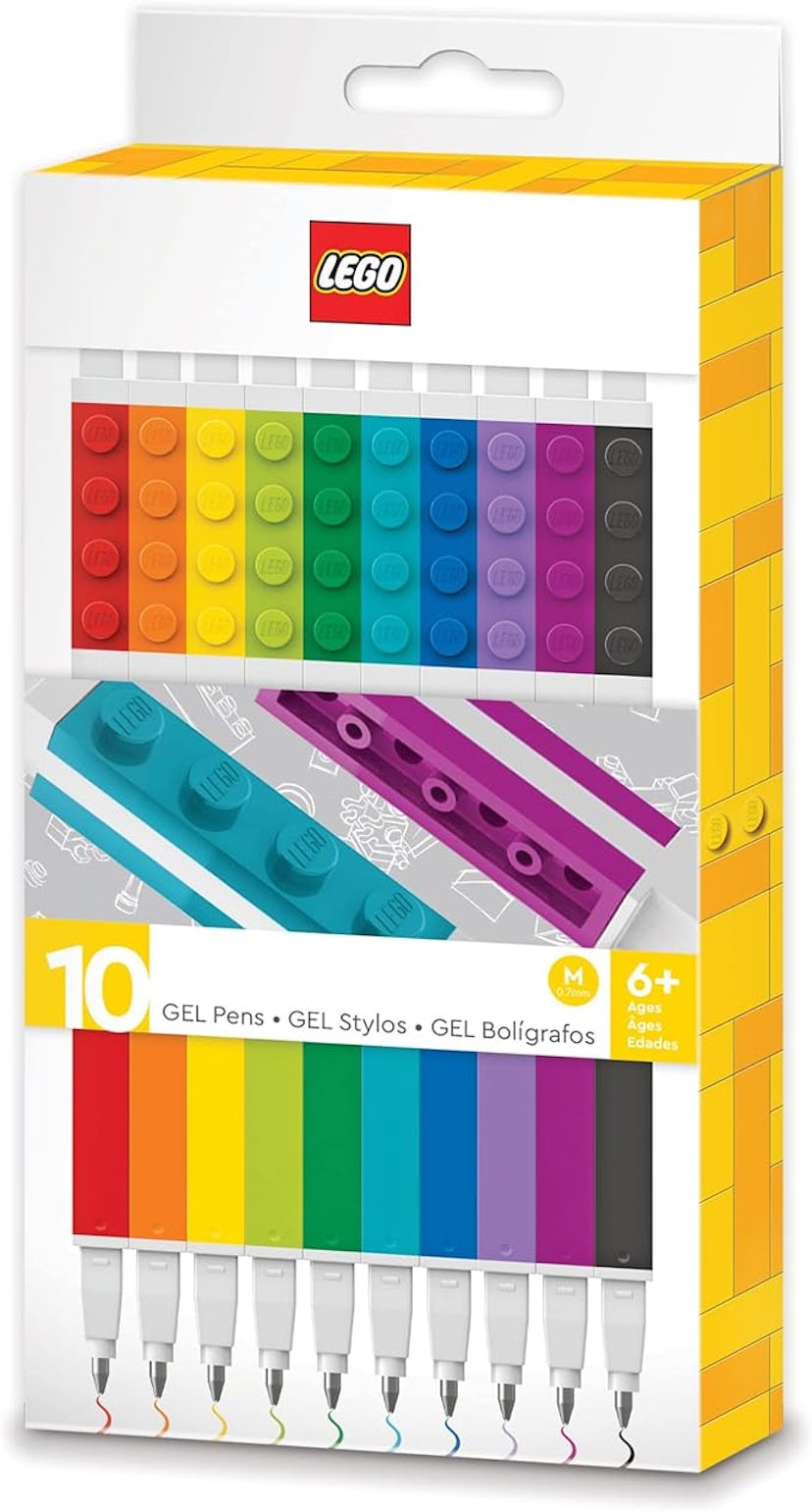 A pack of 10 LEGO-themed gel pens in various vibrant colors, displayed in a compact box featuring th...