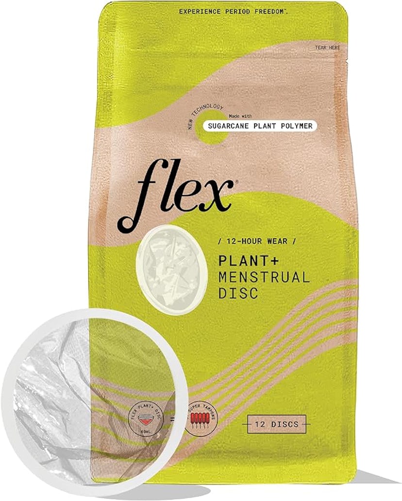 A package of Flex Plant+ Menstrual Discs featuring eco-friendly materials, labeled for 12-hour wear....