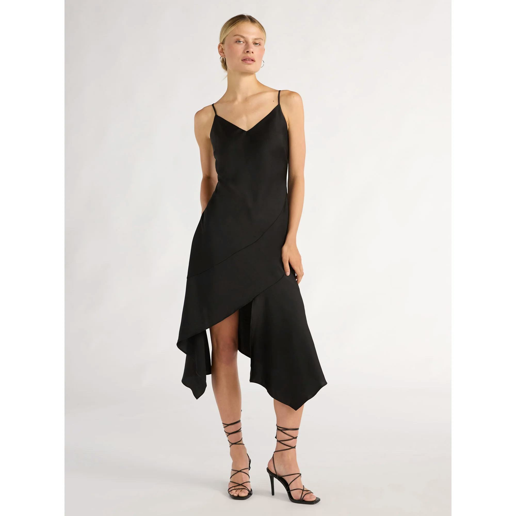 Asymmetrical Bias Satin Slip Dress with Spaghetti Straps