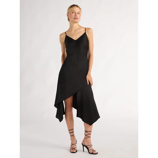 Asymmetrical Bias Satin Slip Dress with Spaghetti Straps