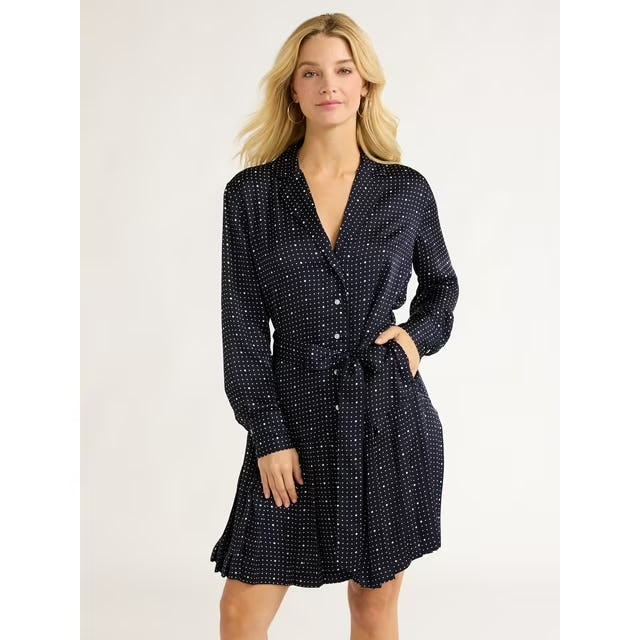 Pleated Mini Shirtdress with Long Sleeves