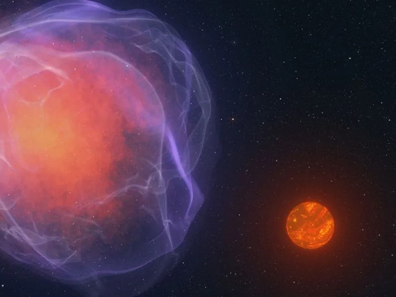 A fuzzy blob on the left shows a hazy outer shell, representative of a supernova. To its right, a mu...