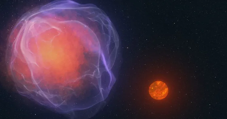A fuzzy blob on the left shows a hazy outer shell, representative of a supernova. To its right, a mu...