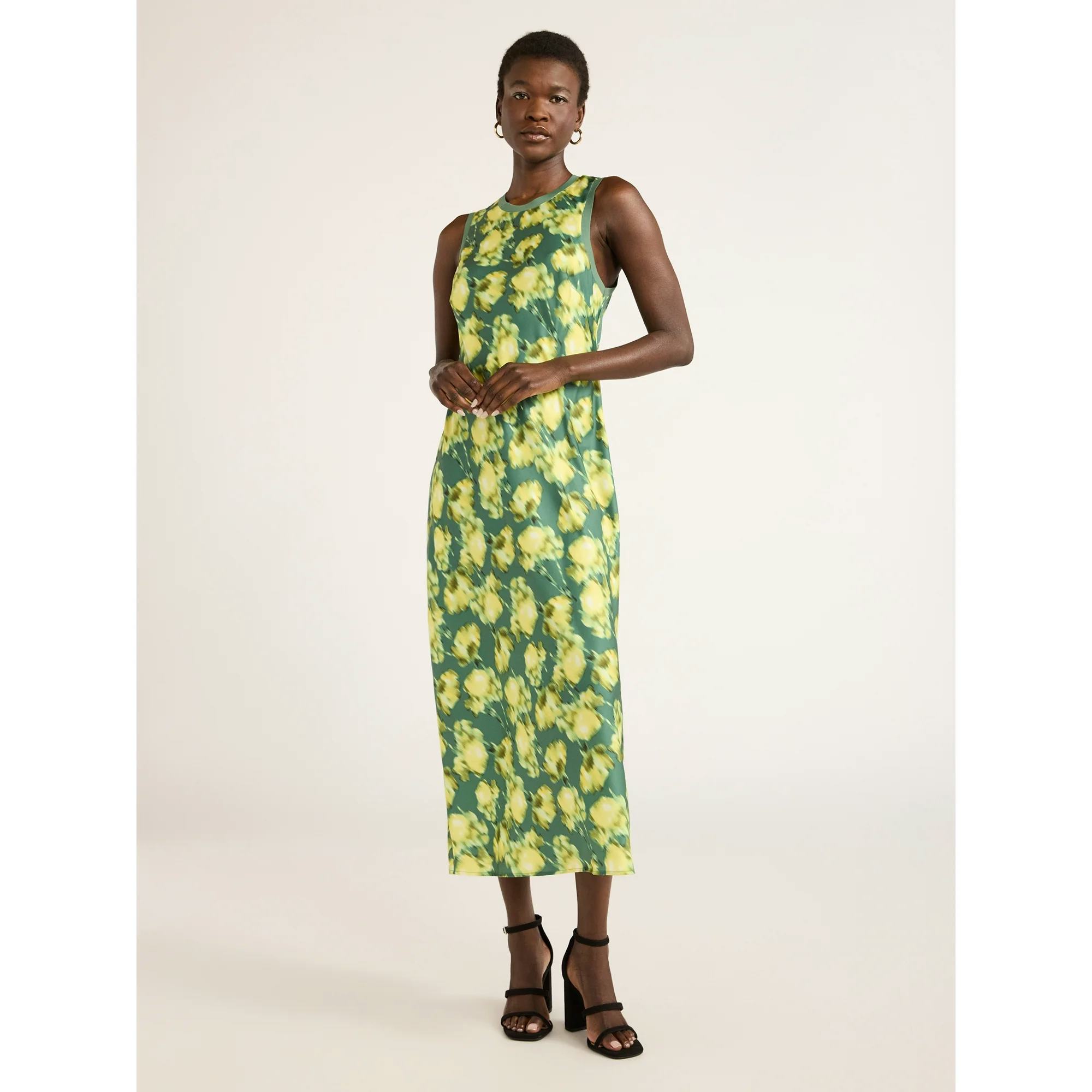 Crew Neck Satin Midi Tank Dress