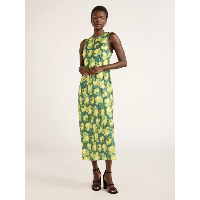 Crew Neck Satin Midi Tank Dress