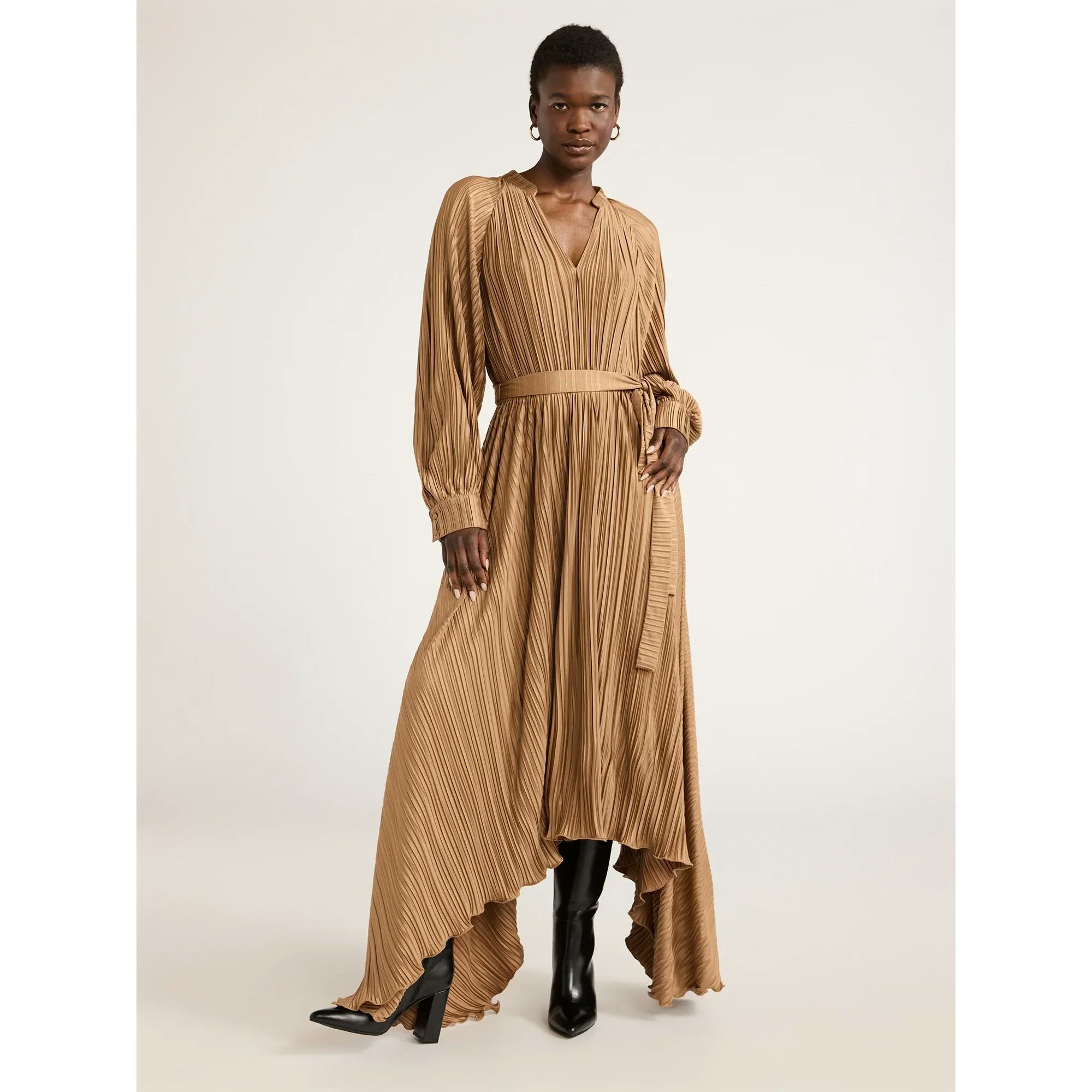 Pleated Handkerchief Hem Dress with Long Sleeves
