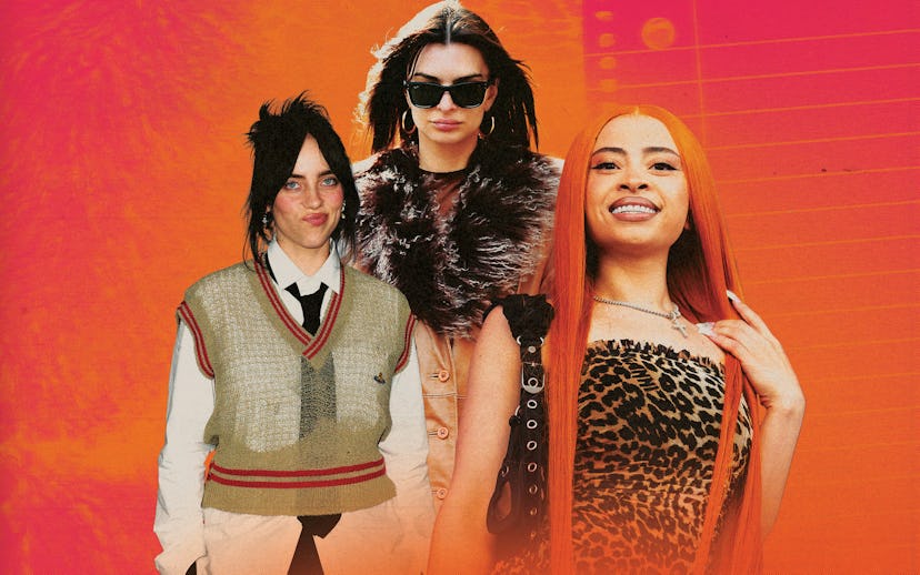 A vibrant collage features three stylish figures: a girl in a sweater vest, a woman in sunglasses an...
