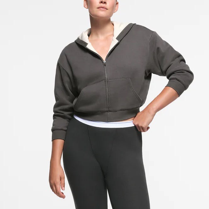 Cotton Fleece Waffle Lined Shrunken Zip Up Hoodie