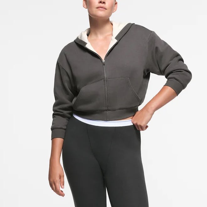 Cotton Fleece Waffle Lined Shrunken Zip Up Hoodie