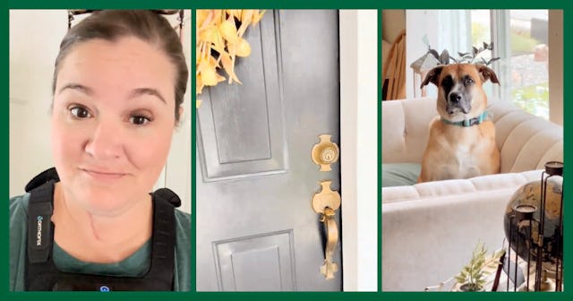 A smiling woman in a green shirt, a front door with a knocker, and a dog with antlers sitting on a c...