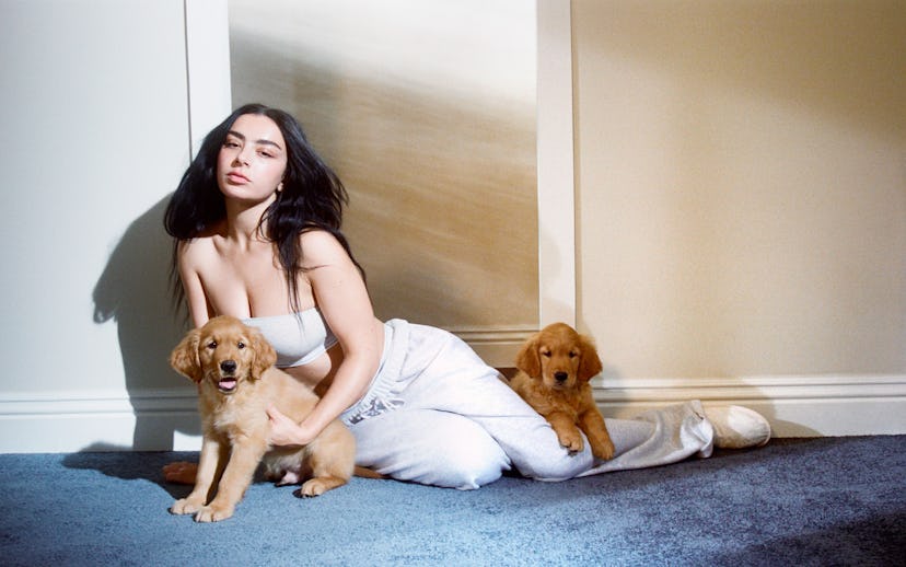 A young woman sits on a plush carpet, wearing casual clothing. She holds a golden retriever puppy, w...