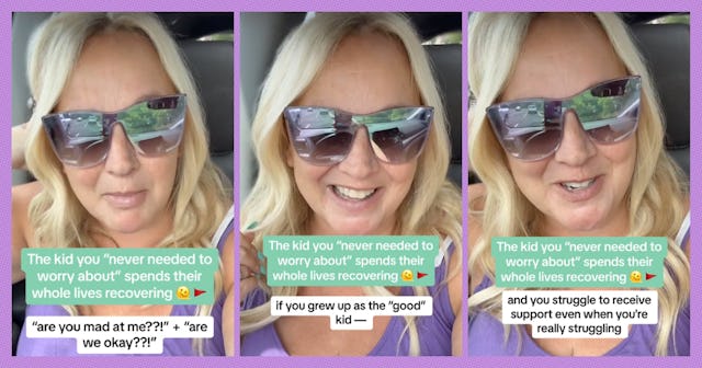 Three panel selfie collage of a smiling woman in a car, each image featuring different humorous capt...