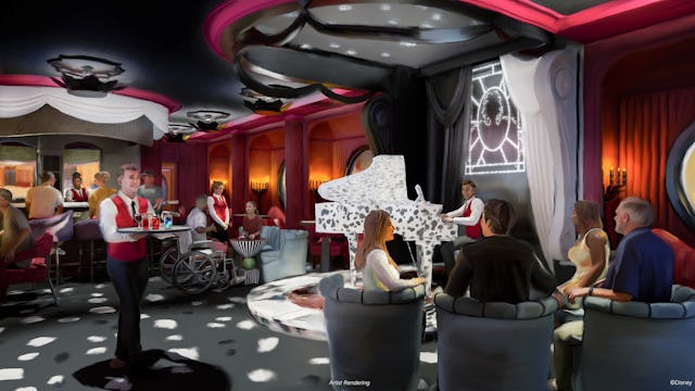 Disney's newest cruise ship, setting sail in 2025, has a Cruelle de Vil themed piano bar.