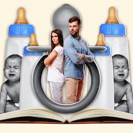 An angry couple stands back-to-back in front of baby bottles and and crying babies