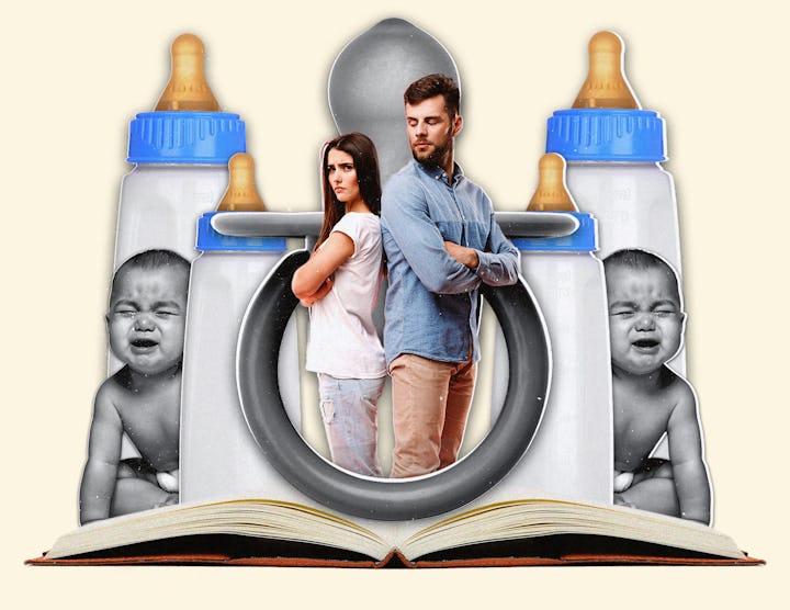 An angry couple stands back-to-back in front of baby bottles and and crying babies