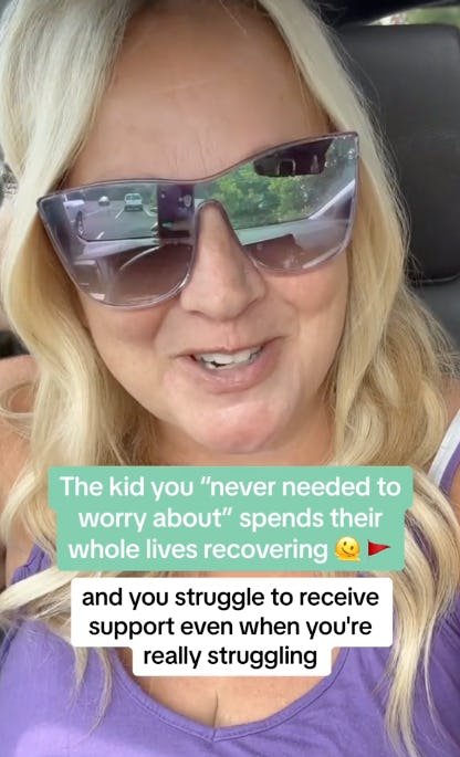 A woman in a car wearing large sunglasses, smiling, with text overlay discussing recovery and support challenges.