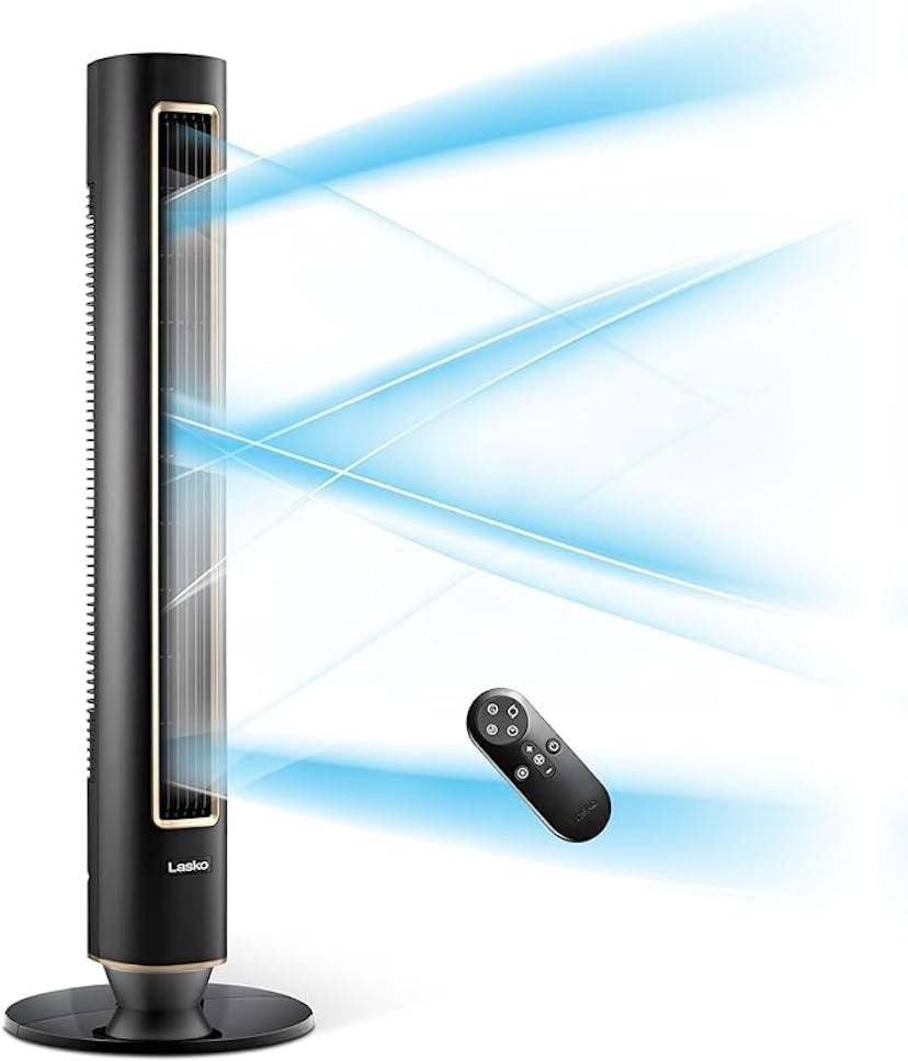 A sleek black tower fan with a remote control, emitting cool air illustrated by blue lines. The mode...