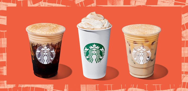 Three Starbucks drinks are displayed against an orange background: a cold brew, a whipped cream-topp...