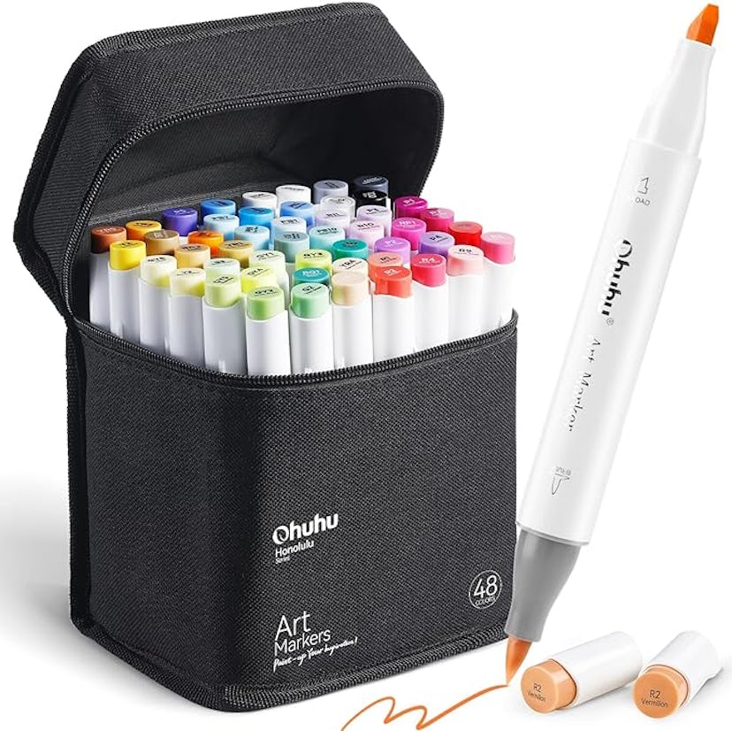 A black fabric case filled with 48 vibrant Ohuhu art markers, featuring colorful caps. Two markers a...