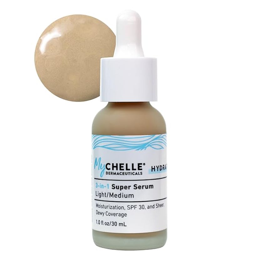 A small bottle of Mychelle 3-in-1 Super Serum in Light/Medium shade. It features a dropper and text ...