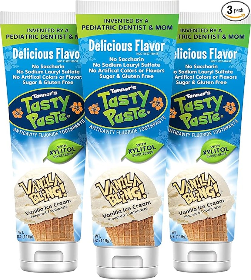 Three tubes of Tanner's Tasty Paste, a fluoride toothpaste flavored like vanilla ice cream. Highligh...