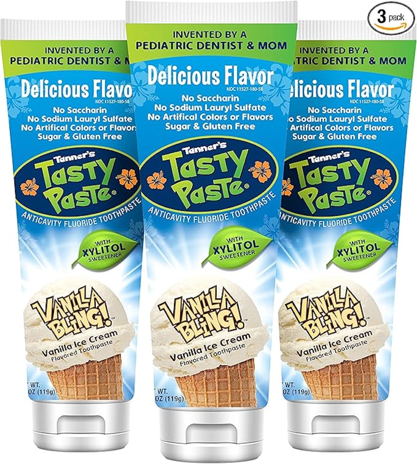 Three tubes of Tanner's Tasty Paste, a fluoride toothpaste flavored like vanilla ice cream. Highligh...