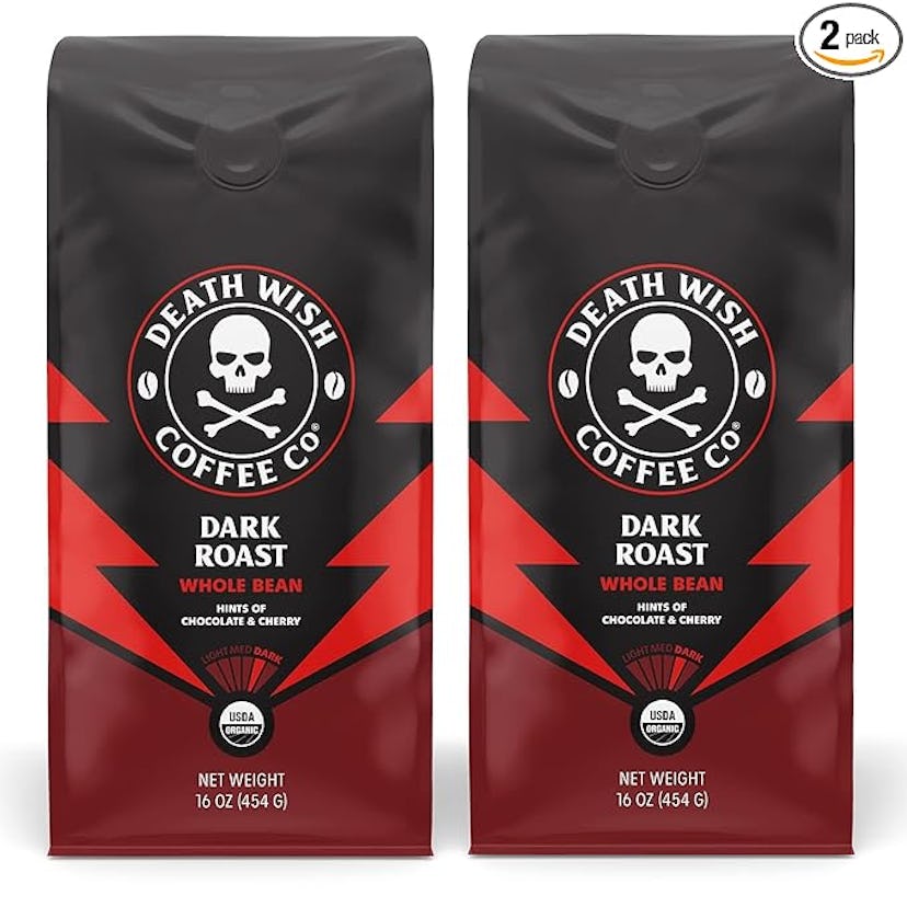 Two bags of Death Wish Coffee Co. Dark Roast whole bean coffee, each 16 oz. The packaging features a...