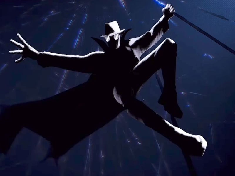 A shadowy figure in a long coat and hat poses dramatically against a dark background, holding a staf...