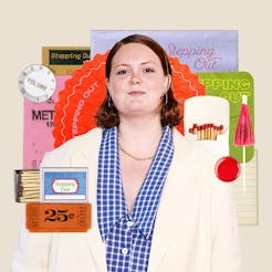 A woman in a white blazer and blue checked shirt stands against a beige background, surrounded by co...