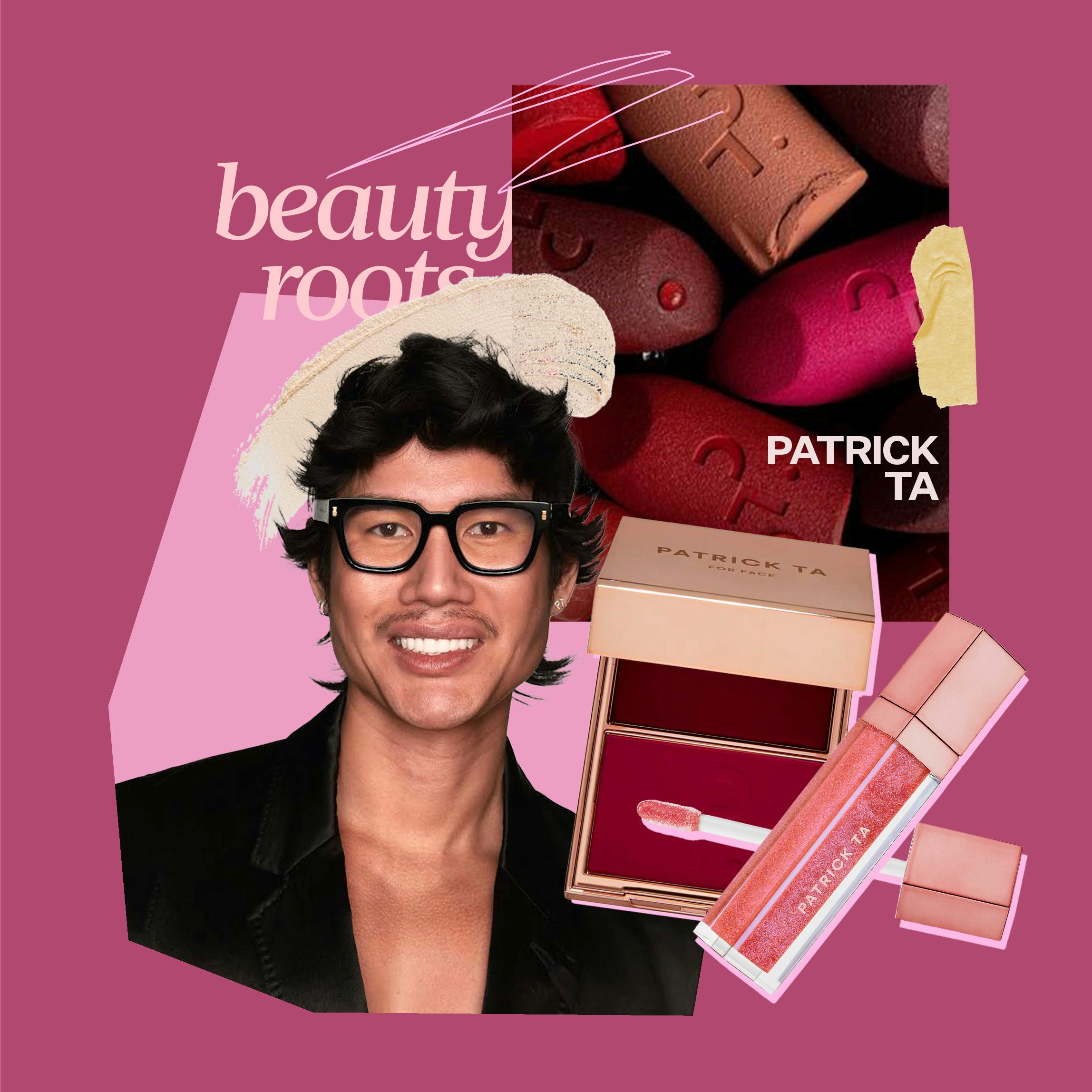 A graphic collage featuring a smiling man with glasses, products from Patrick Ta, and text elements ...