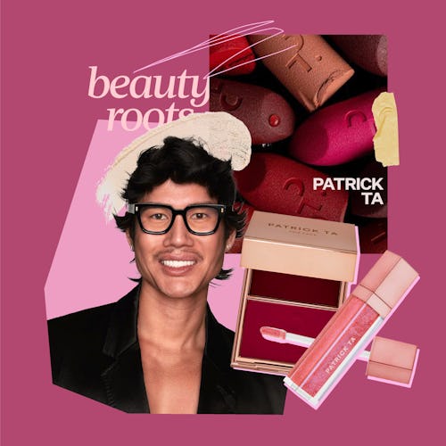 A graphic collage featuring a smiling man with glasses, products from Patrick Ta, and text elements …