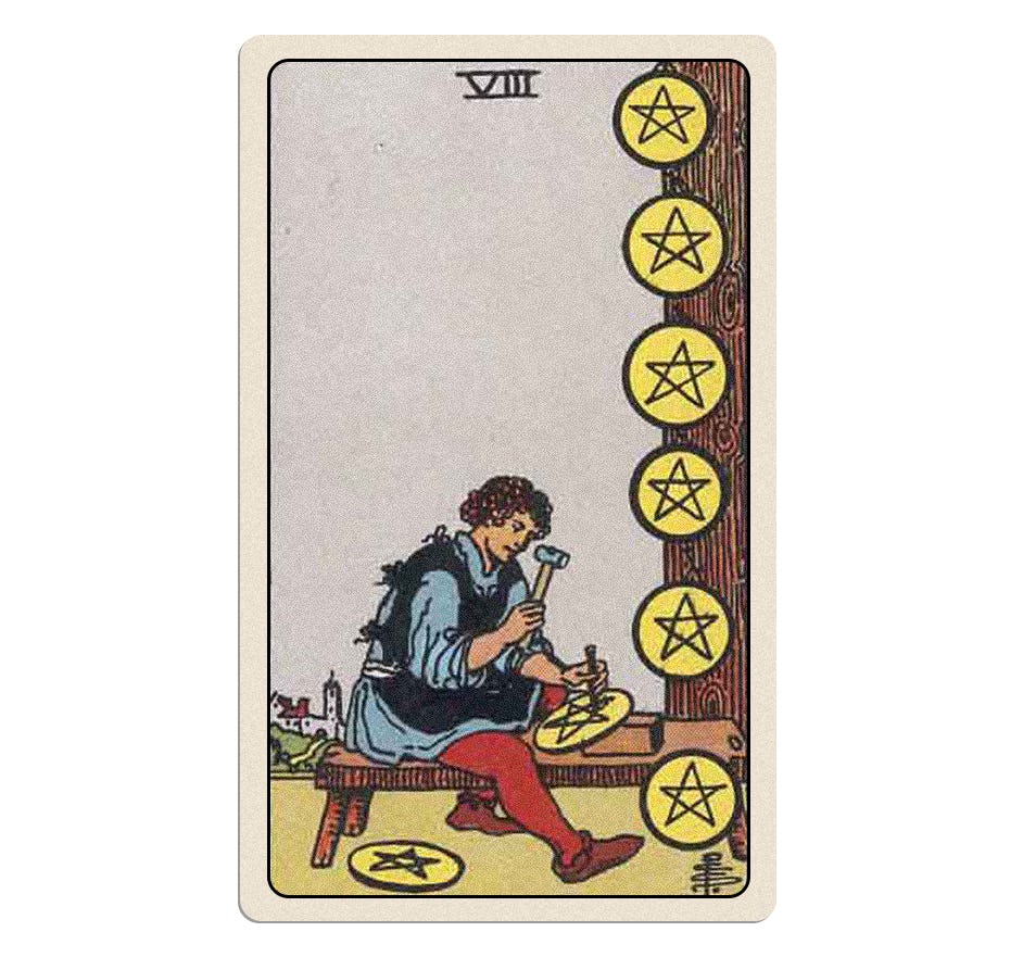 Your September 2024 tarot reading includes the Eight of Coins/Pentacles card.