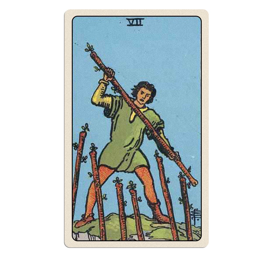 Your September 2024 tarot reading includes the Seven of Wands card.