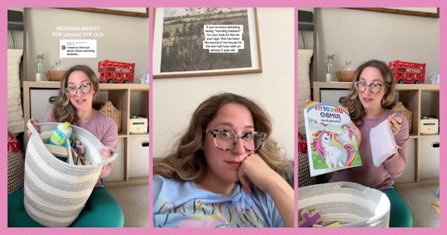 A woman with glasses is shown in three images, holding a basket of colorful items, a unicorn-themed ...