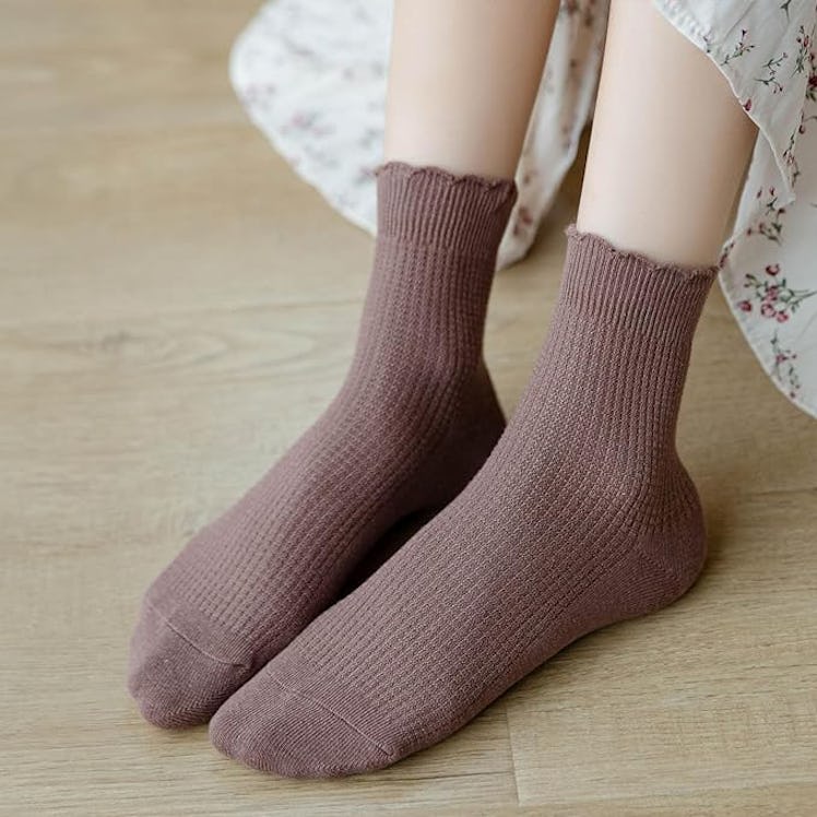 zrylibya Ruffle-Trim Waffle-Knit Socks (4 Pairs) 