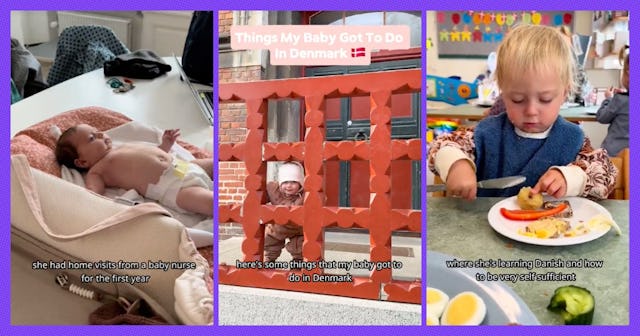 A collage featuring three images: a sleeping baby, a child playing behind a colorful gate, and a tod...