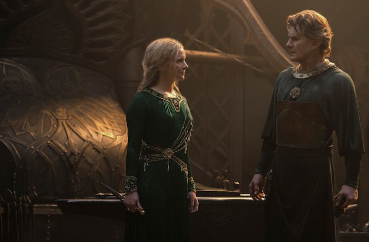 Galadriel (Morfydd Clark) confronts Celebrimbor (Charles Edwards) in The Lord of the Rings: The Ring...