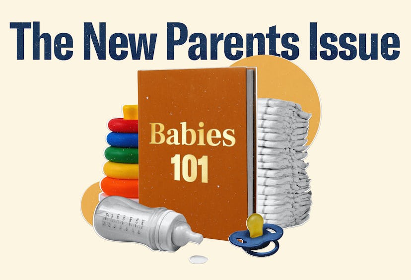 The New Parents Issue, written above a babies 101 textbook, alongside new parent essentials like dia...