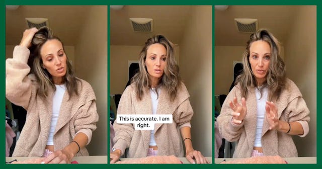 A woman with wavy hair styling gestures expressively while wearing a cozy beige sweater. Text overla...