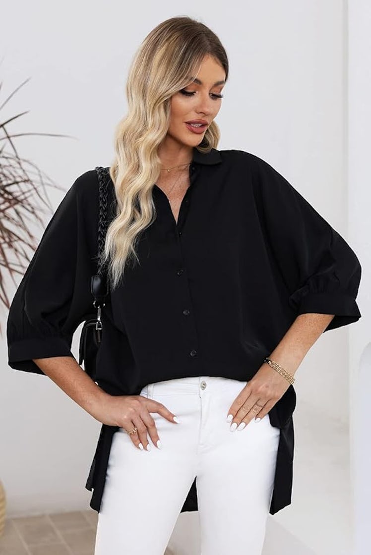 Sidefeel Oversized 3/4-Sleeve Button-Down Shirt