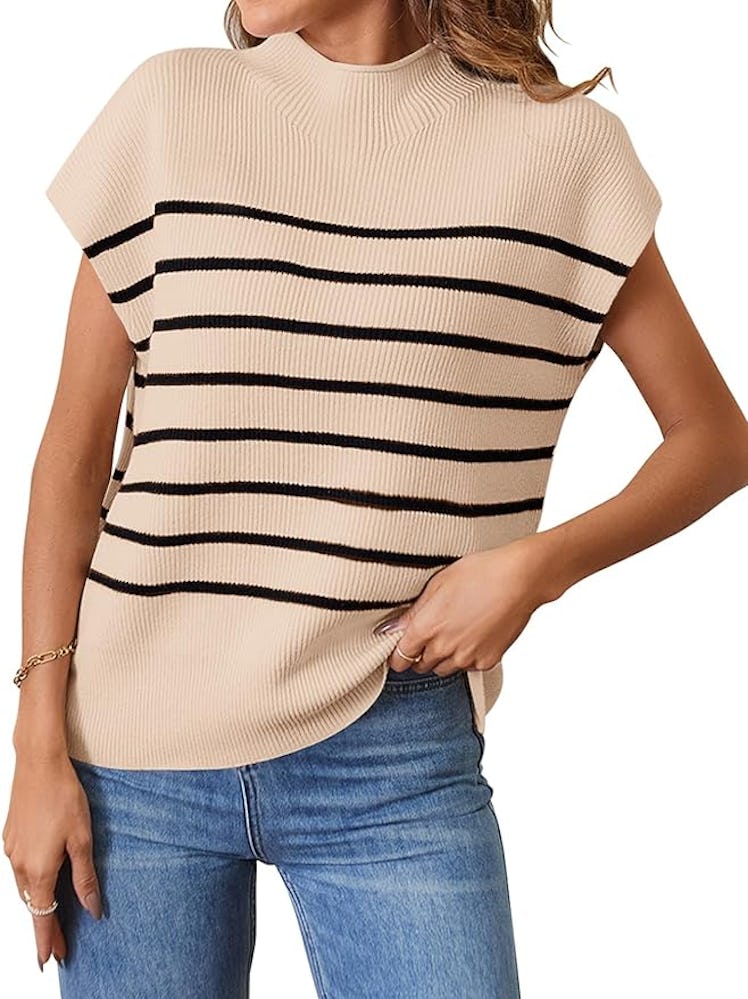 MEROKEETY Cap Sleeve Striped Sweater