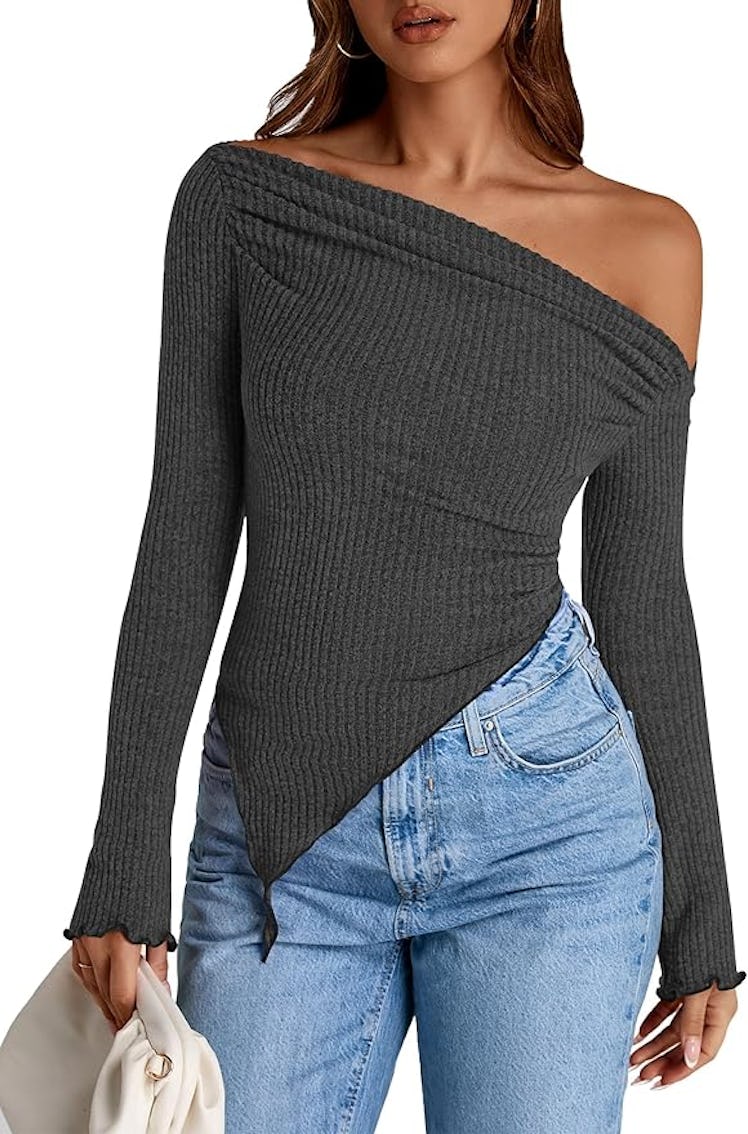 PRETTYGARDEN Asymmetrical Fitted Knit Top