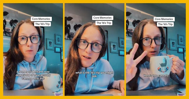 A woman with long hair and glasses is speaking in three frames. She discusses a trip with a former s...