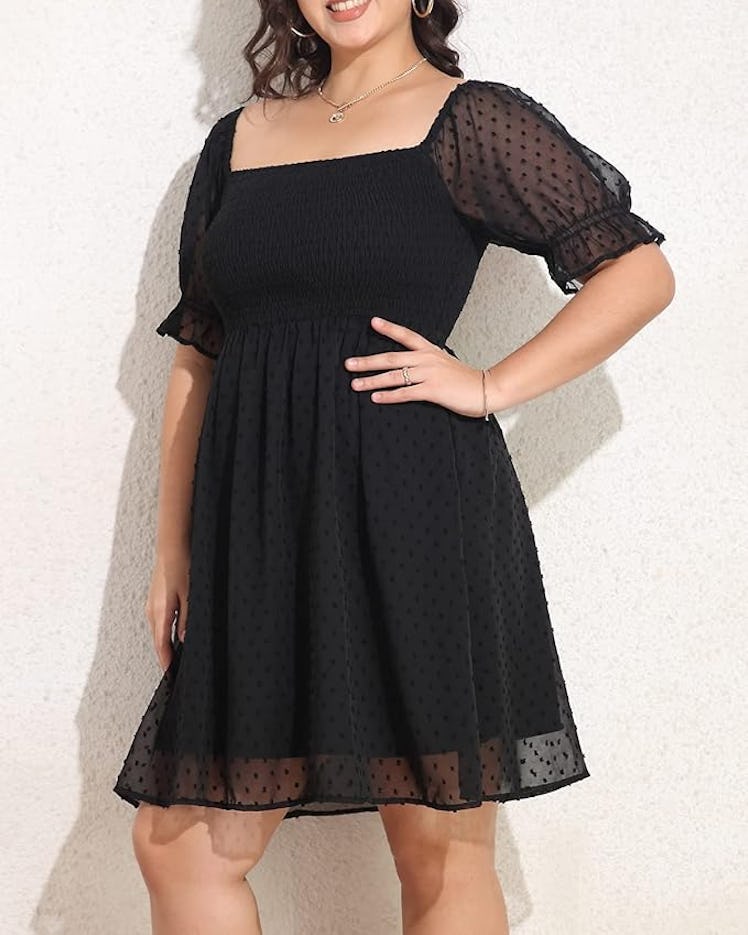 Pinup Fashion Plus Size Puff Sleeve Square Neck Dress