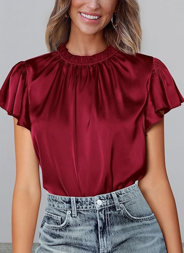 PRETTYGARDEN Crew-Neck Ruffled Satin Blouse