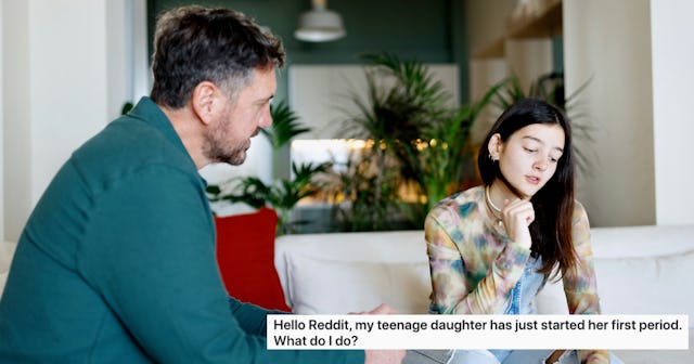 A man and a teenage girl sit on a couch, discussing her first period. A text overlay reads, "Hello R...