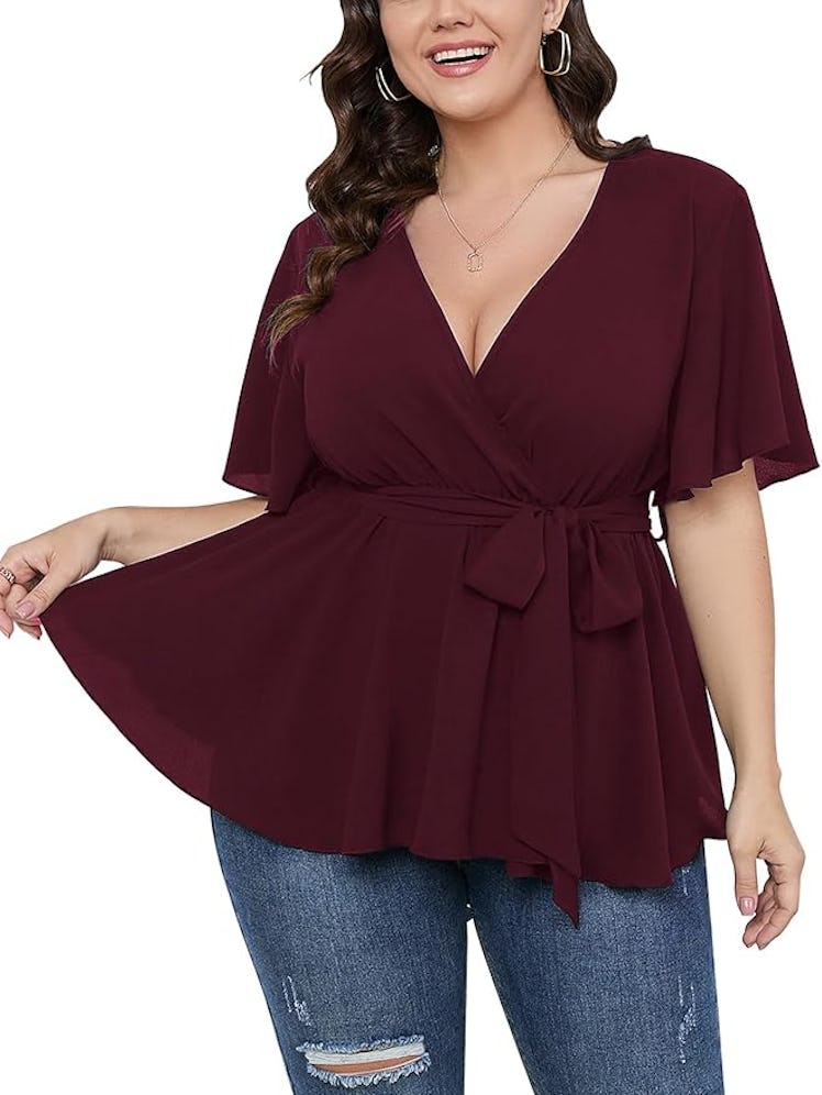 SCOMCHIC Plus Size Belted Ruffle Peplum Blouse 