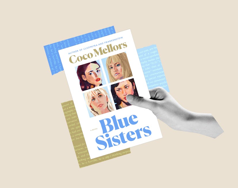 A hand holds the cover of 'Blue Sisters' by Coco Mellors.