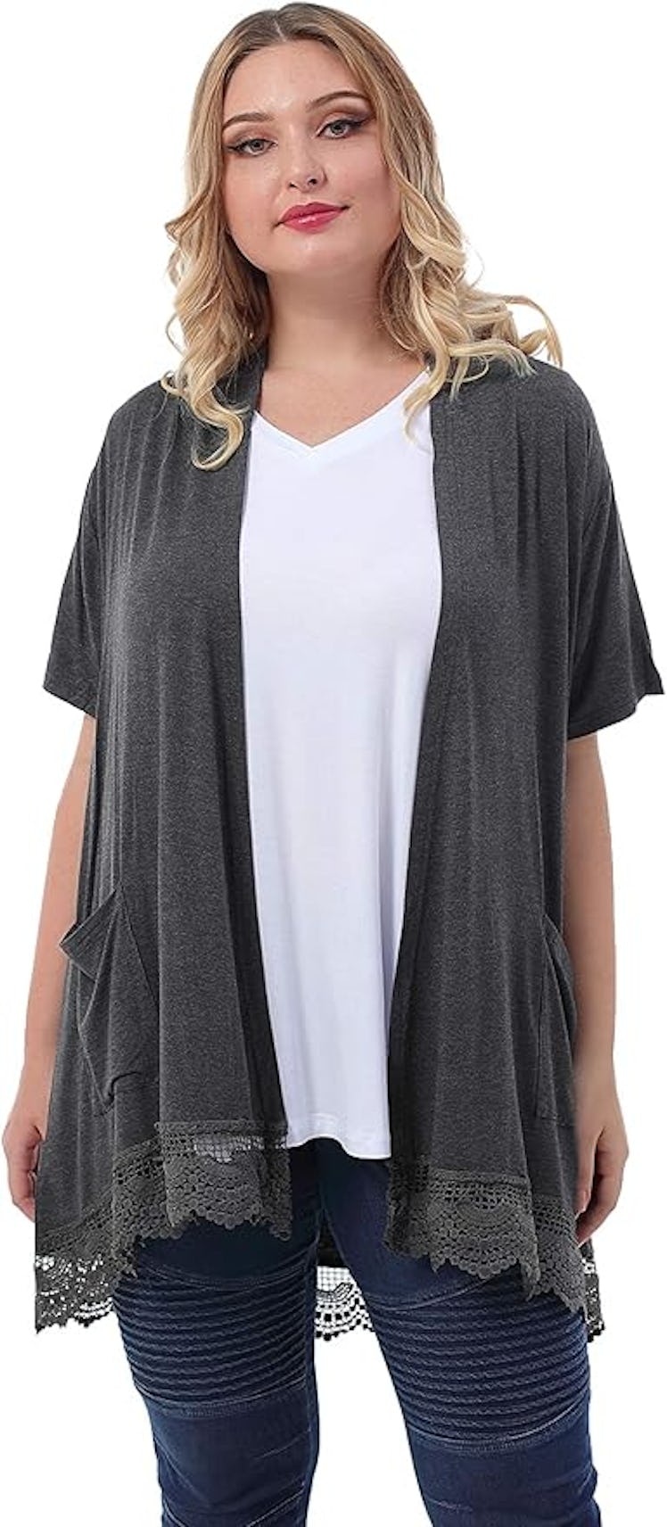 ZERDOCEAN Short Sleeve Lace Trim Drape Cardigan with Pockets