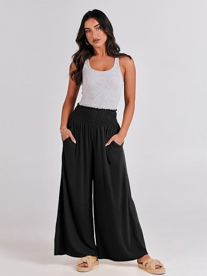 ANRABESS Wide-Leg Smocked Waist Palazzo Pants